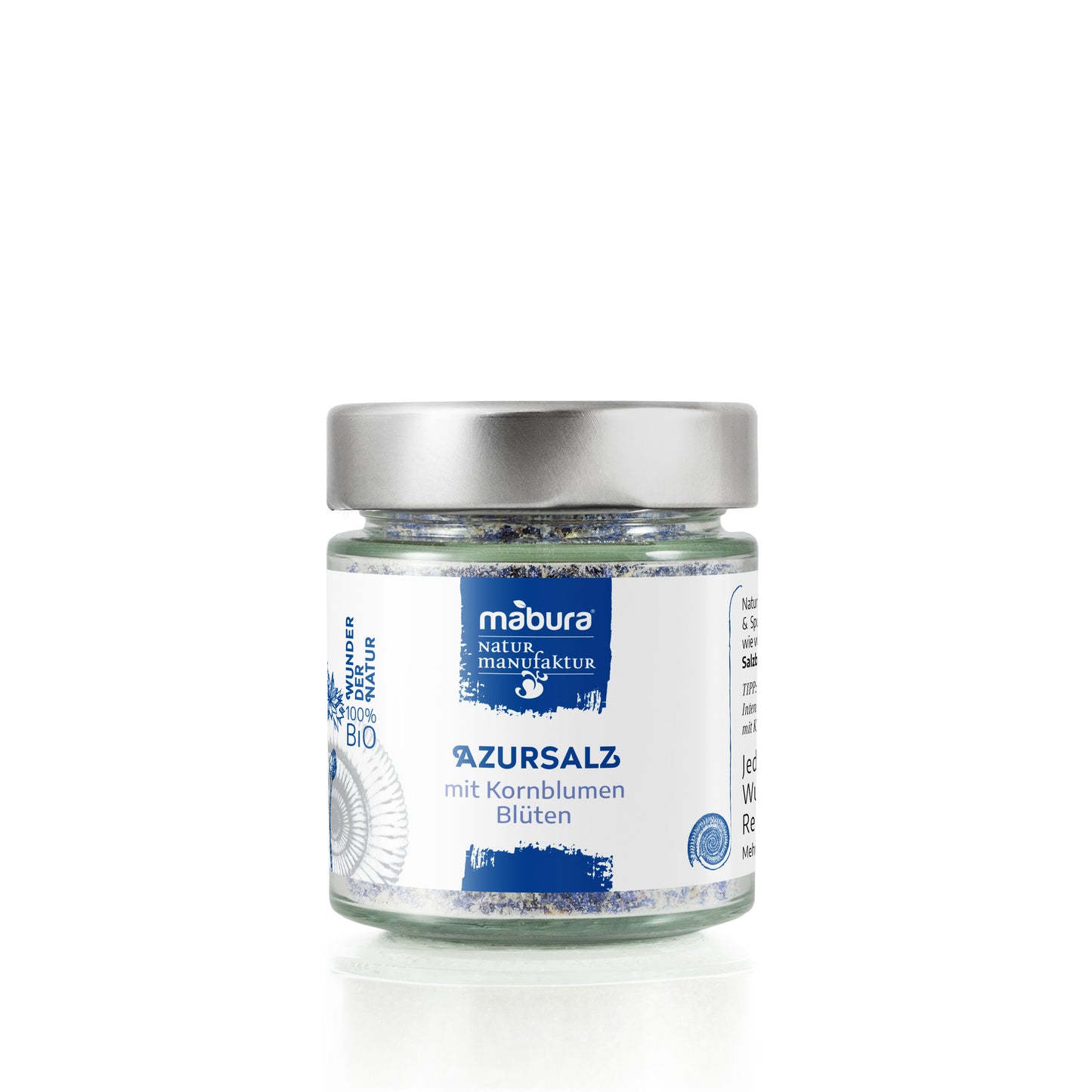 Einzigartiges Bio Azursalz mit blauen Kornblumen. Natürlich gefärbt, mild-blumiger Geschmack. Ein optisches Highlight für Ihre Gerichte!