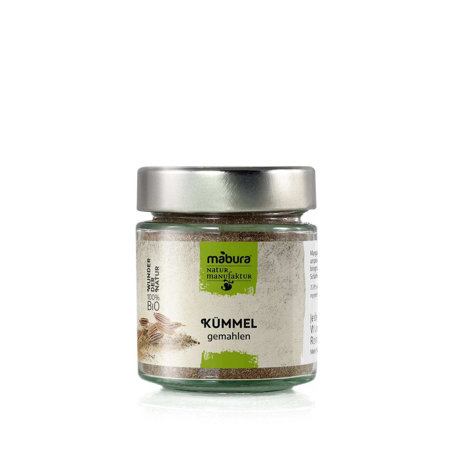 Kräftig aromatischer Kümmel gemahlen.
*aus kontrolliert biologischem Anbau