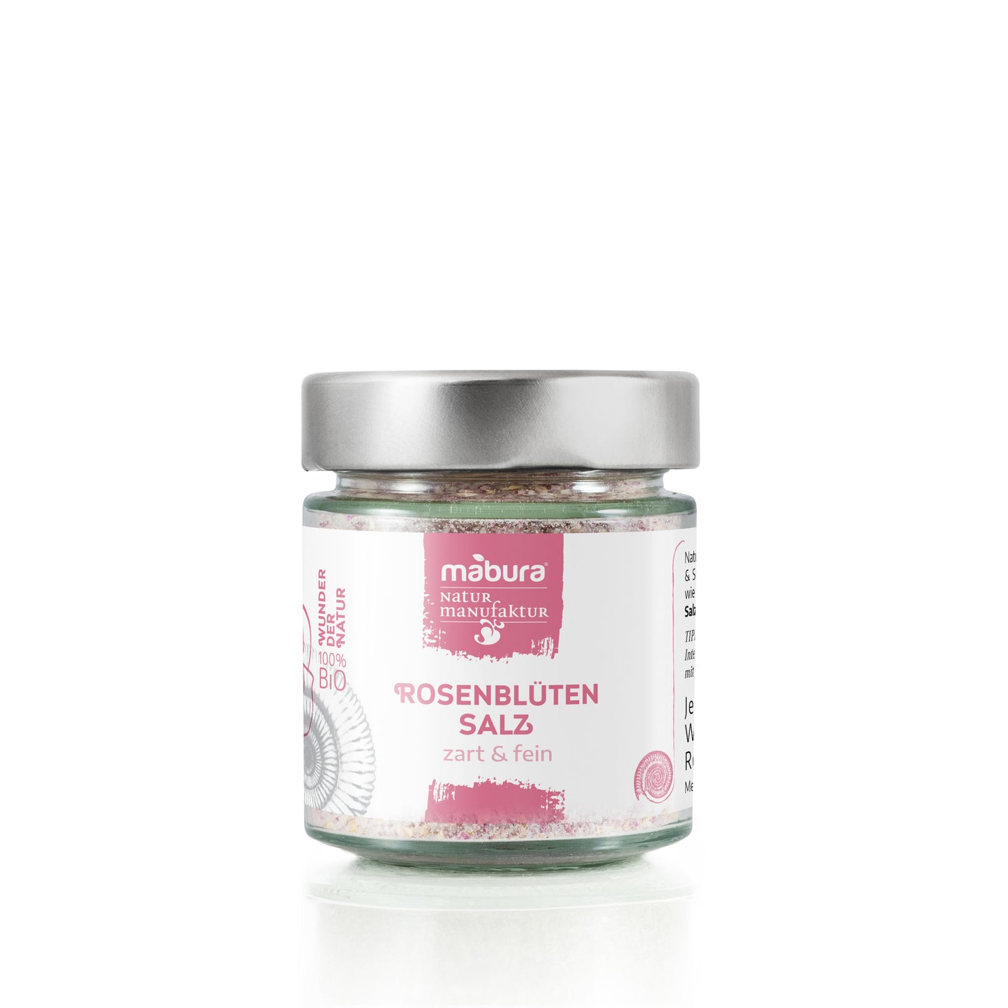 Zartes Bio Rosenblütensalz mit naturreinem Quellsalz und duftenden Rosenblüten. Romantisch-blumiges Aroma für besondere Anlässe & Desserts!