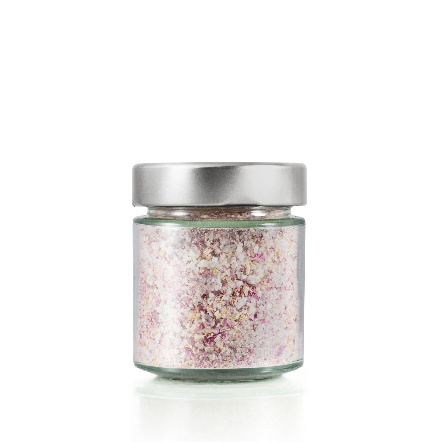 Zartes Bio Rosenblütensalz mit naturreinem Quellsalz und duftenden Rosenblüten. Im Glas.