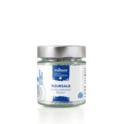 Einzigartiges Bio Azursalz mit blauen Kornblumen. Natürlich gefärbt, mild-blumiger Geschmack. Ein optisches Highlight für Ihre Gerichte!