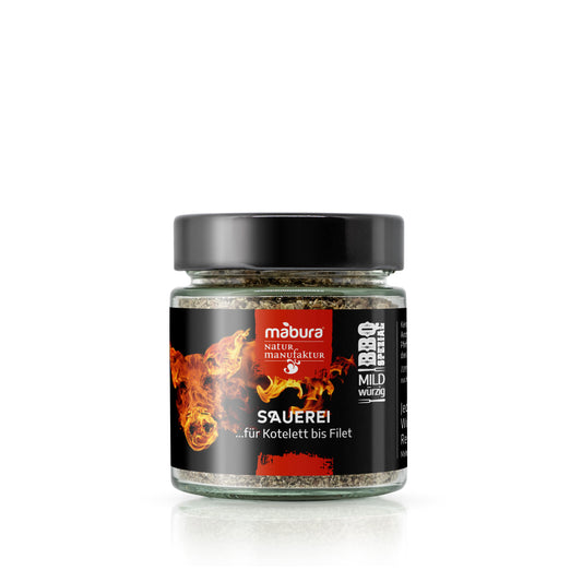 Deftige Bio Gewürzmischung 'Sauerei' speziell für Schweinefleisch. Würzig-kräftig für Schnitzel, Braten, Grillfleisch & herzhafte Gerichte!