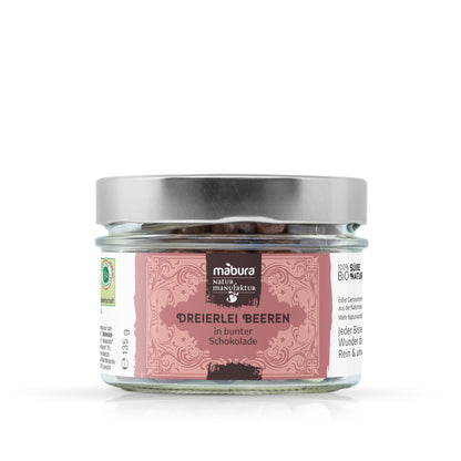 Beeren in bunter Schokolade BIO. Mit Fairtrade Kakao & Rohrzucker, intensivem Fruchtgeschmack und vier Sorten Schokolade.