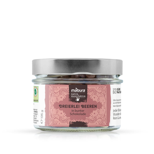 Beeren in bunter Schokolade BIO. Mit Fairtrade Kakao & Rohrzucker, intensivem Fruchtgeschmack und vier Sorten Schokolade.