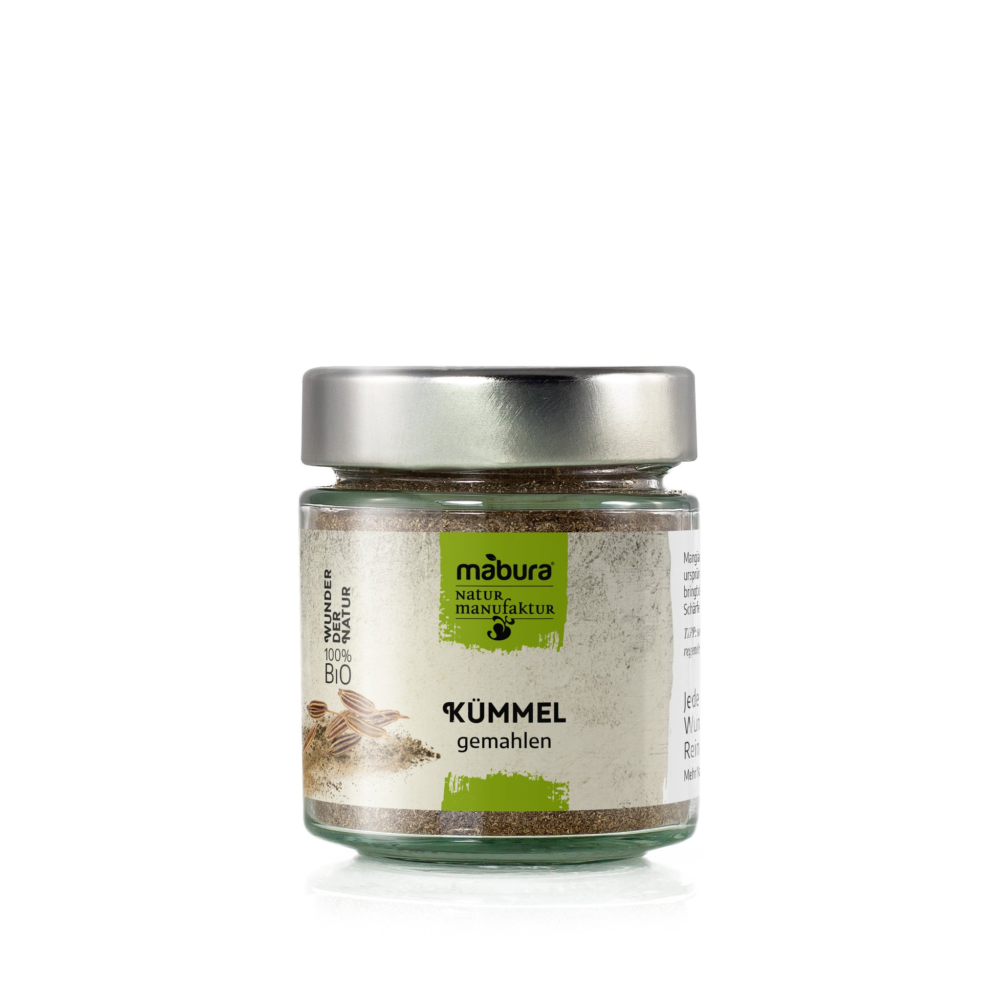 Kräftig aromatischer Kümmel gemahlen.
*aus kontrolliert biologischem Anbau

