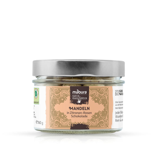 Mandeln in Zitronen-Schokolade mit Rosenblüten BIO 160g