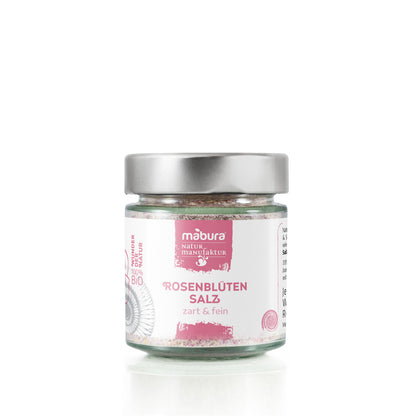 Zartes Bio Rosenblütensalz mit naturreinem Quellsalz und duftenden Rosenblüten. Romantisch-blumiges Aroma für besondere Anlässe & Desserts!