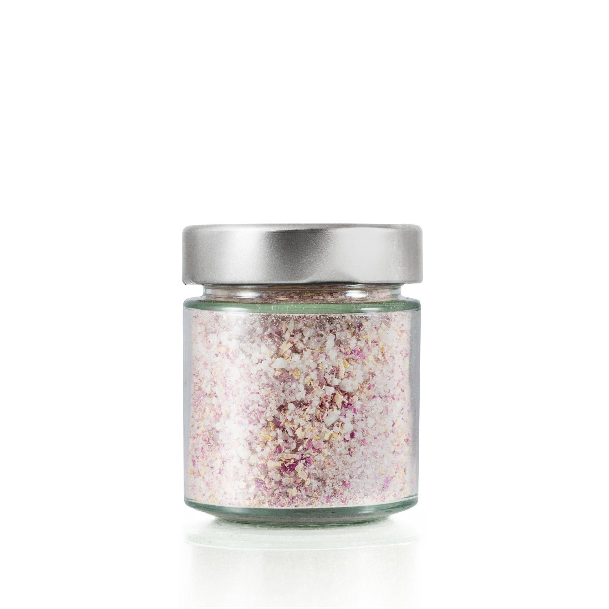 Zartes Bio Rosenblütensalz mit naturreinem Quellsalz und duftenden Rosenblüten. Im Glas.