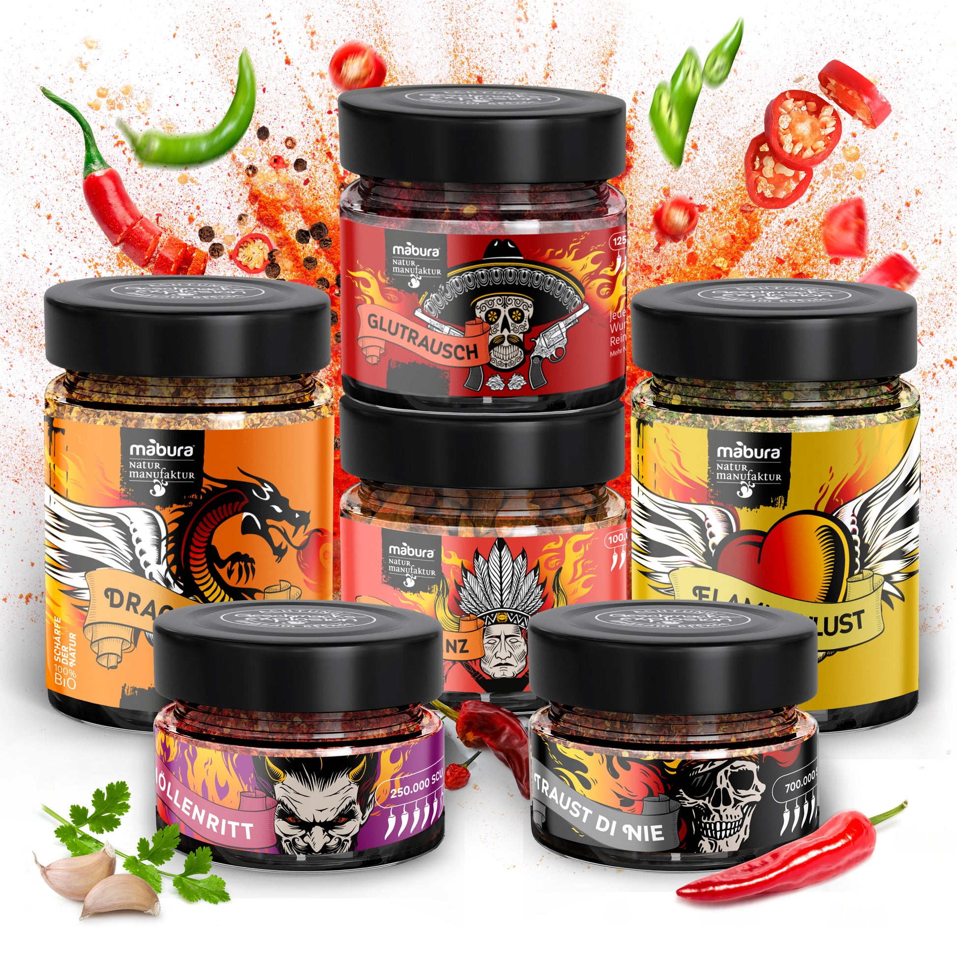 Mabura Chili Geschenkset Vorderansicht in Geschenkbox