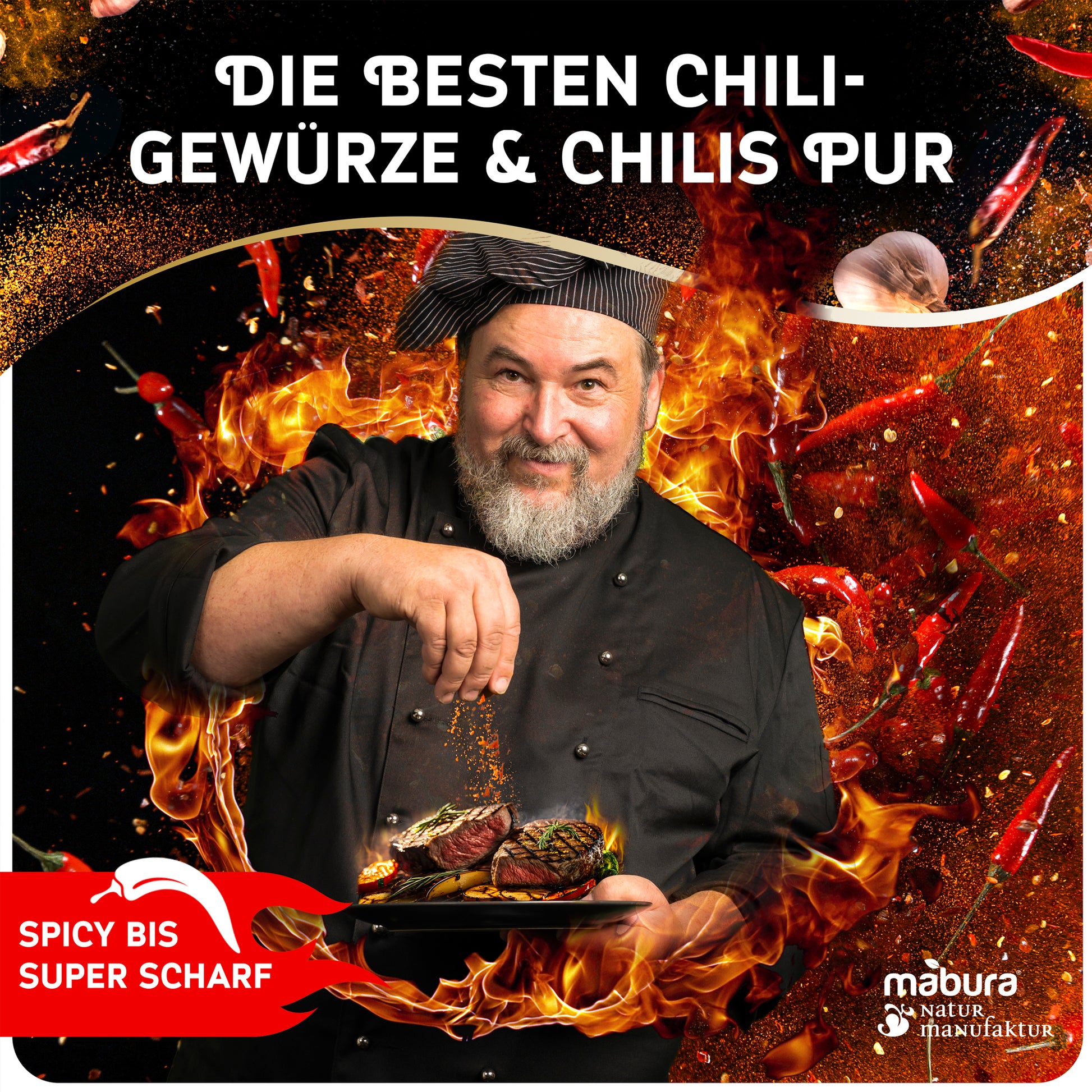 Sechs handgefüllte Chili-Gläser mit unterschiedlichen Schärfegraden
